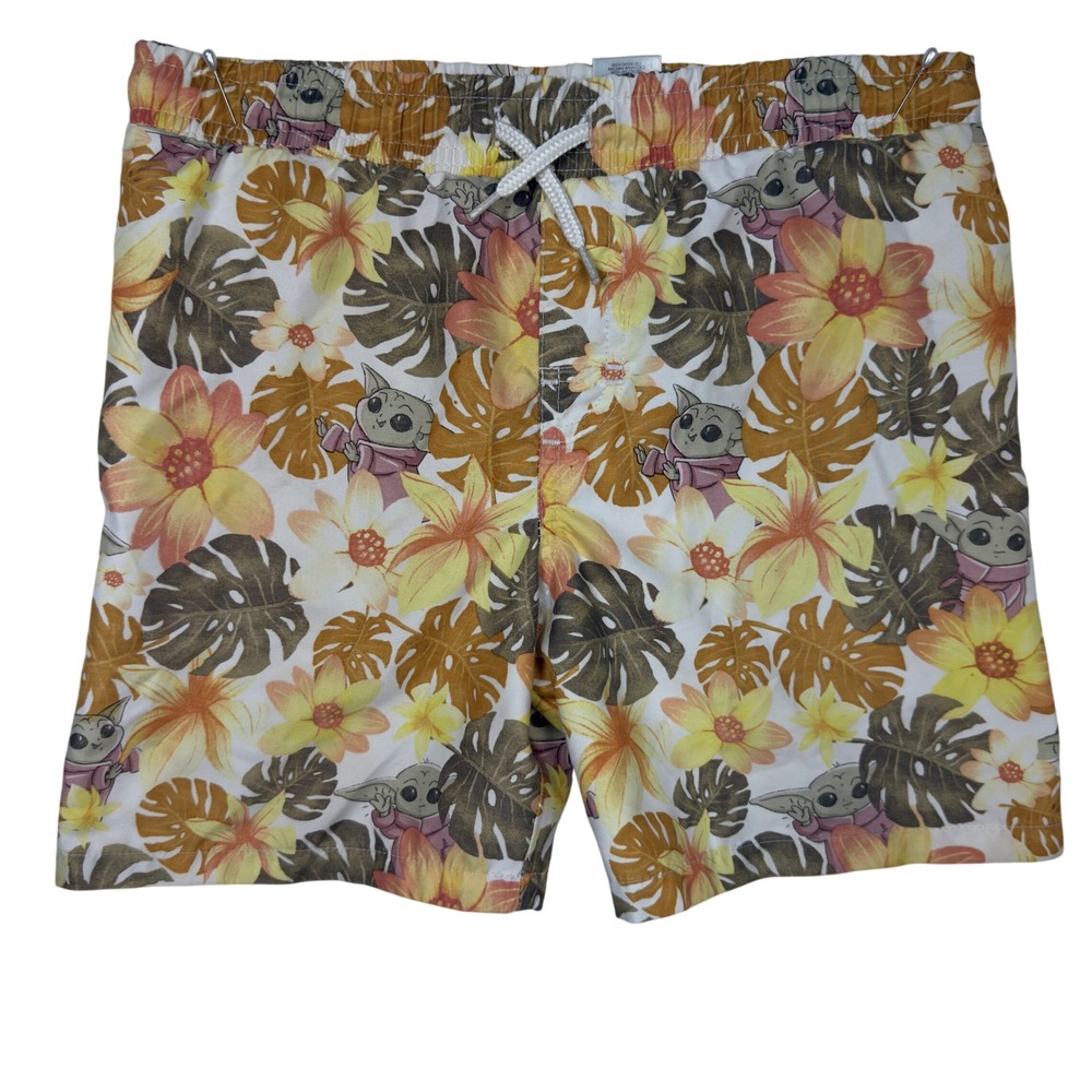 Youth 4T Star Wars Swim Trunks Grogu Baby Yoda Floral Tropical White